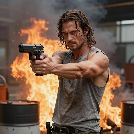 Intense Firefighter with Handgun in Flames