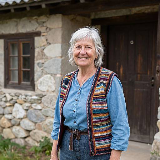 Photograph of a smiling elderly woman with gray hair, wearing a blue blouse and colorful striped vest, standing in front of a rustic stone house.