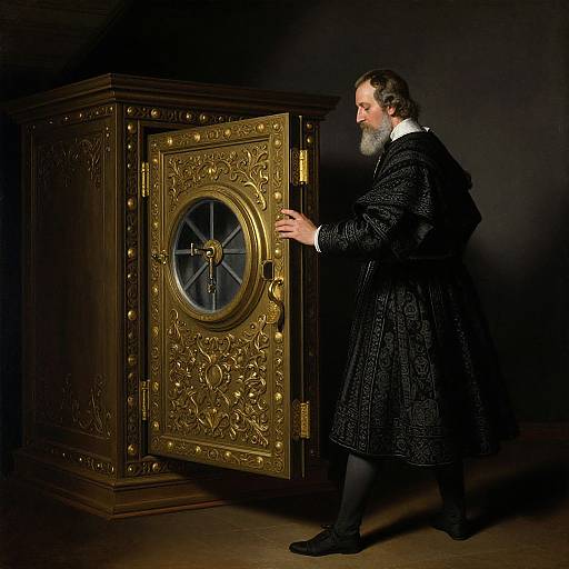 Photograph of an elderly man with a white beard in a black Renaissance-style robe, opening an ornate, gold-embossed, circular-door safe