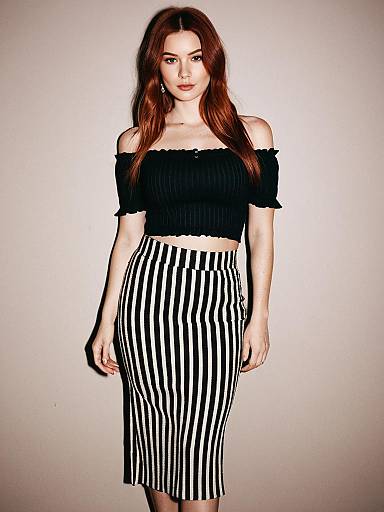 Woman in Off-Shoulder Crop Top and Striped Midi Skirt