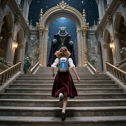 Digital illustration: Young girl with backpack and maroon skirt climbs stone staircase, approaching ominous, glowing-arched door guarded by dark figure.