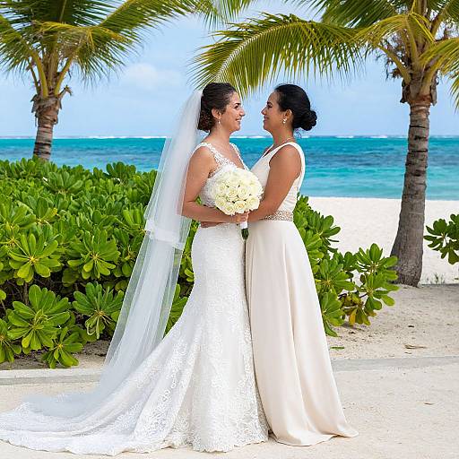 Photograph of two Asian brides in white dresses, one with a lace gown and veil, holding a bouquet, standing on a tropical beach with palm trees