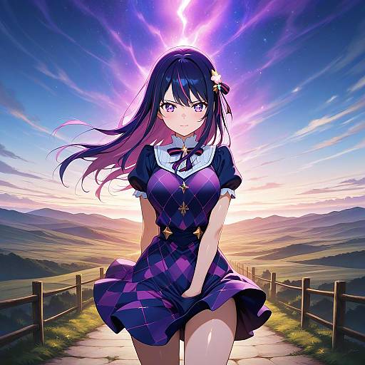Anime Girl with Purple Hair at Sunset