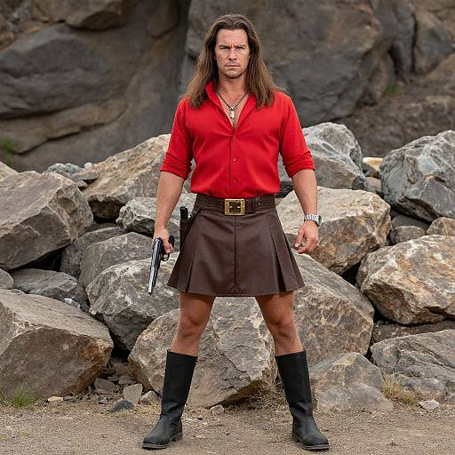 Photograph of a muscular man with long brown hair, wearing a red shirt, brown kilt, black boots, and holding a gun, standing in