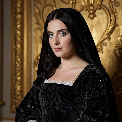 Photograph of a pale-skinned woman with long black hair, striking blue eyes, wearing a black velvet dress with white lace trim, standing against an