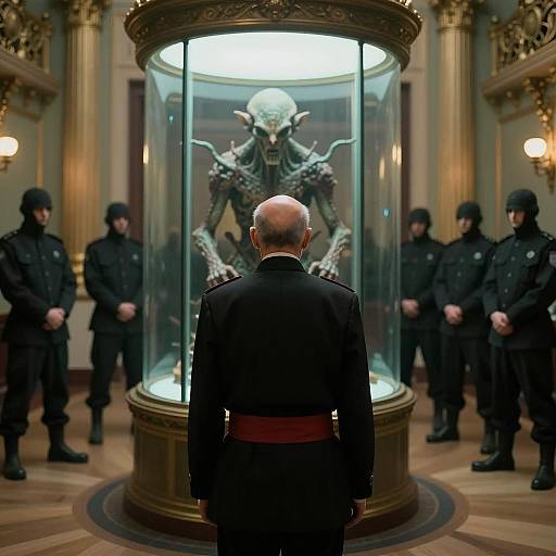 Man in Uniform Observing Alien Creature in Museum Display