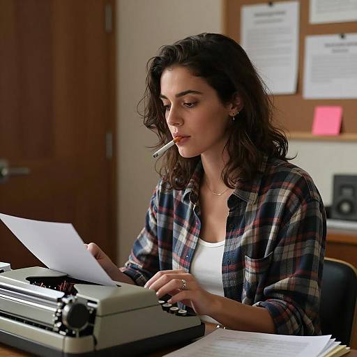 Woman Sitting with Typewriter and Cigarette