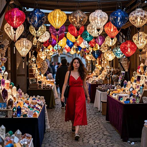 Photograph of a woman in a red dress walking through a vibrant market stall aisle adorned with colorful, hanging lanterns and illuminated decorations.