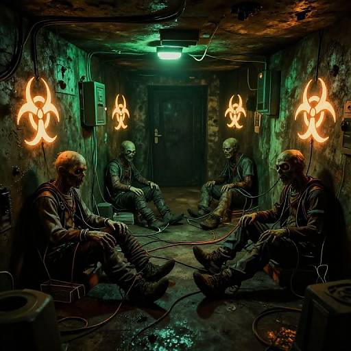 Photograph-like digital art of four skull-faced men in dim, grimy room with glowing biohazard symbols, sitting in a circle, connected by