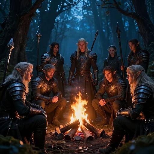 Photograph of seven fantasy warriors with pointed ears, wearing black armor, gathered around a campfire in a dark, misty forest at twilight.