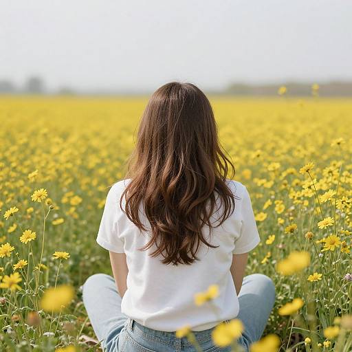 Photograph of a woman with long brown hair, wearing a white t-shirt and blue jeans, sitting in a vibrant yellow dandelion field, facing