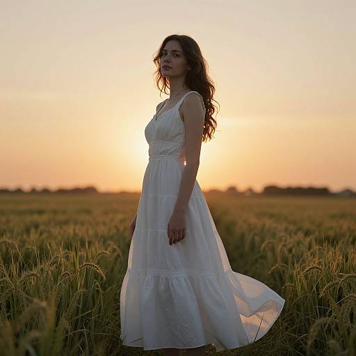 Photograph of a woman with long, wavy brown hair in a flowing white dress standing in a golden wheat field at sunset.