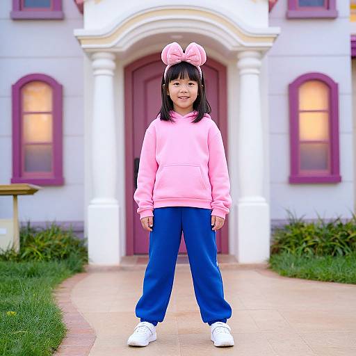 Photograph of an Asian girl with black hair, wearing a pink hoodie, blue pants, white sneakers, and a pink bow headband, standing in