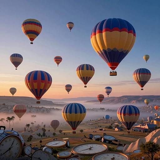 Photograph of a sunrise hot air balloon festival in Cappadocia, Turkey, with colorful balloons floating over a misty valley, surrounded by