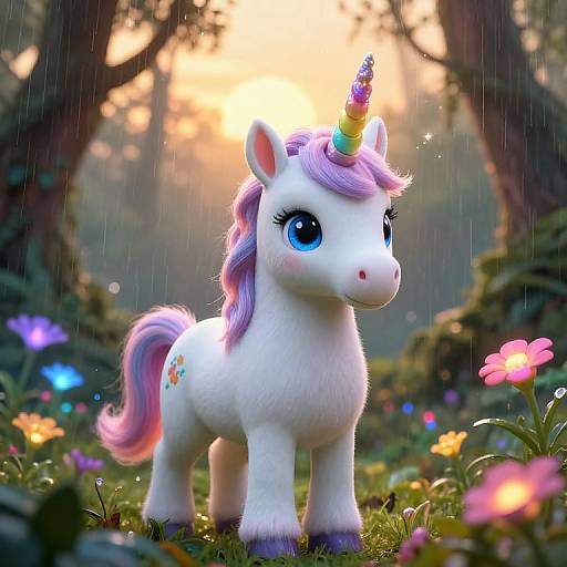 Photorealistic CGI of a cute, white, blue-eyed unicorn with a rainbow horn, pink-purple mane, standing in a rainy forest with colorful flowers