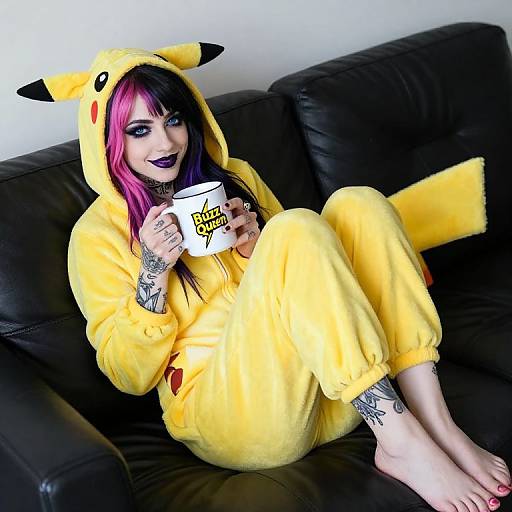 Photograph of a woman with pink and black hair, dark lipstick, tattoos, and yellow Pikachu onesie, holding a 