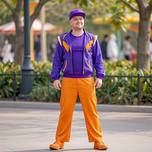 Photograph of a smiling man in a purple baseball cap, purple jacket, orange pants, and orange shoes, standing in a sunny park.