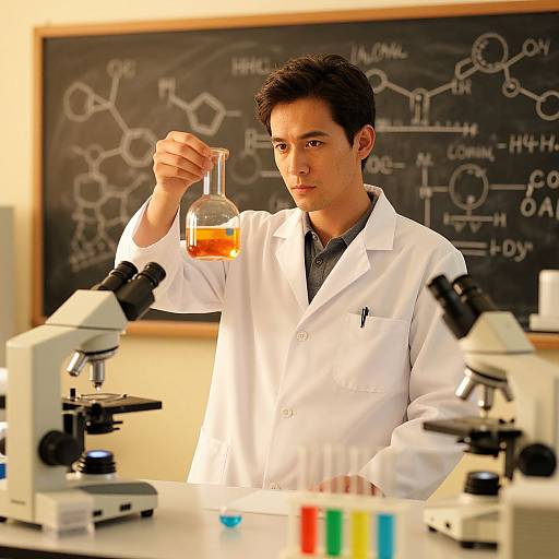 Photograph of an Asian male scientist in a white lab coat, holding a beaker with orange liquid, standing in a laboratory with microscopes and a