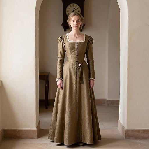 Photograph of a woman in an 18th-century-style, gold brocade gown with puffed sleeves, standing in a sunlit, arched