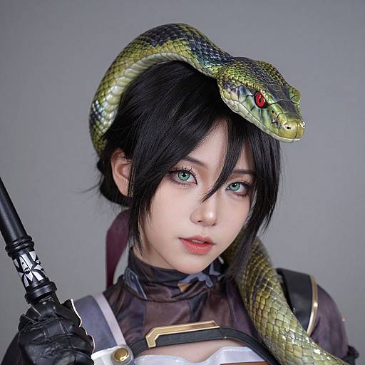 Photograph of an Asian woman with black hair, green eyes, and snake on her head, wearing dark armor, holding a staff.