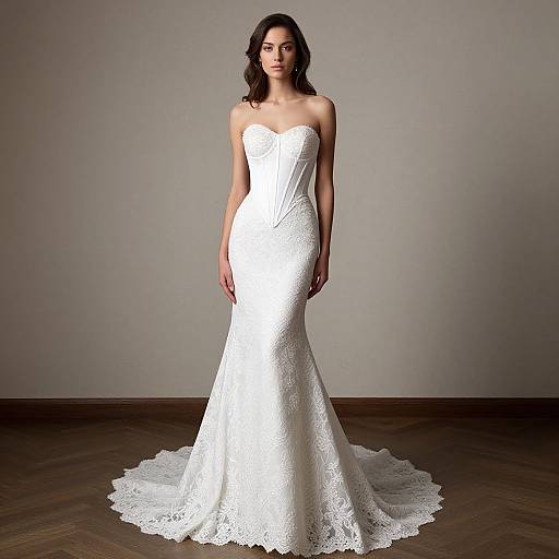 Photograph of a fair-skinned woman with dark wavy hair, wearing a strapless, white lace mermaid wedding gown with a long train,