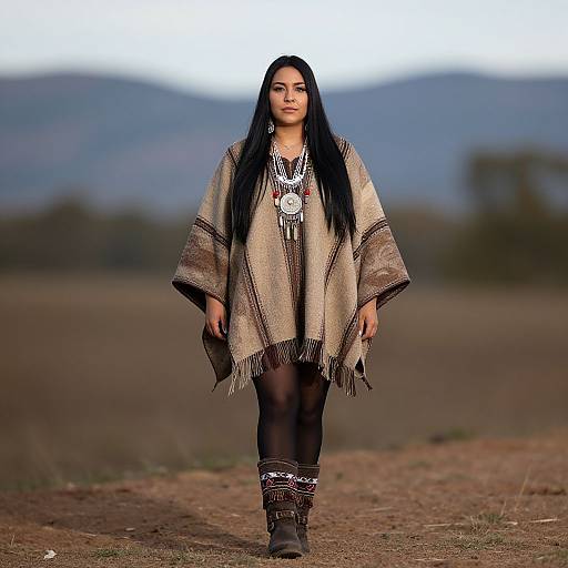 Photograph of a young woman with long black hair, wearing a beige woven shawl, black leggings, and patterned boots, standing on a dirt