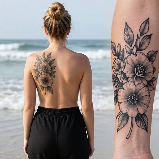 Sunlit Beach Woman with Floral Tattoo