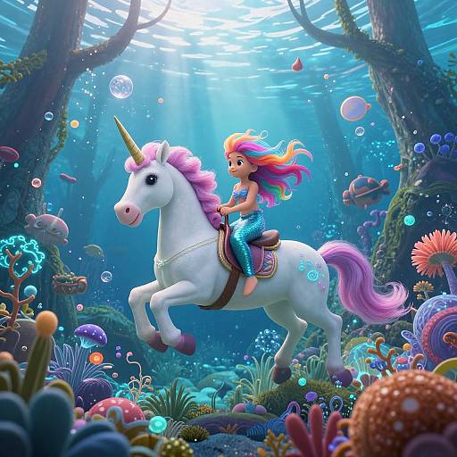 Digital art: Vibrant underwater scene with a pink-maned unicorn, ridden by a colorful-haired girl in a shiny blue dress, surrounded by bubbles,