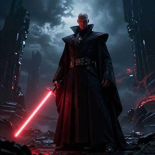 Dark, moody digital artwork of a bald, stern-faced male warrior in a black, ornate cloak, holding a glowing red lightsaber, standing