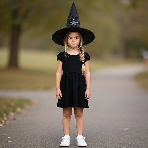 Photograph of a young blonde girl with a braid, wearing a black witch hat, black dress, and white sneakers, standing on a blurred park