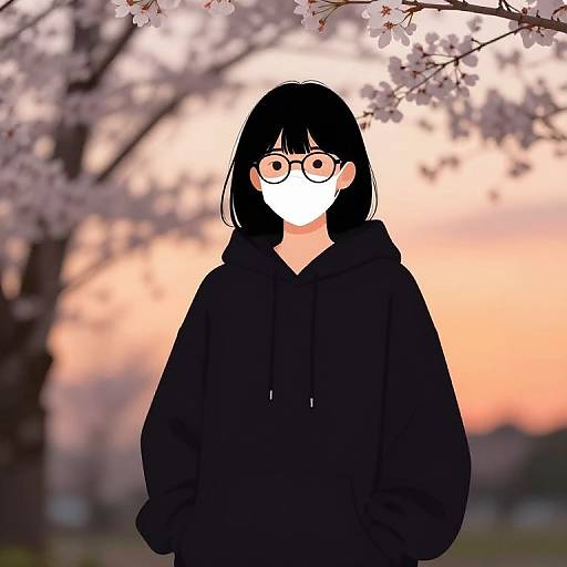 Anime-style digital drawing of a person with black hair, glasses, and a black hoodie, standing in front of blooming cherry blossoms at sunset.