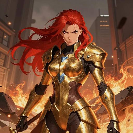Fierce Red-Haired Warrior in Golden Armor