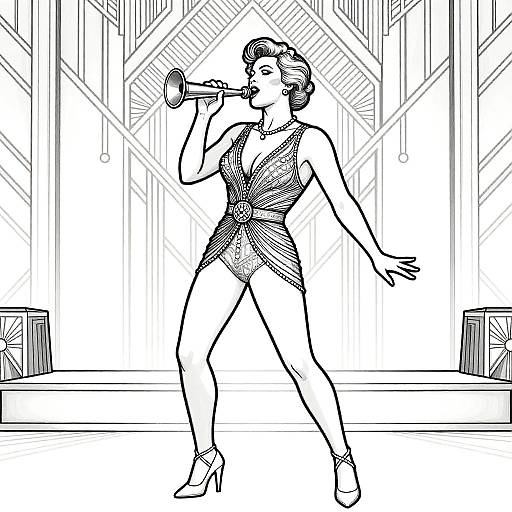 Black-and-white line drawing of a glamorous woman in a sleeveless, low-cut dress, singing into a microphone on a stage.
