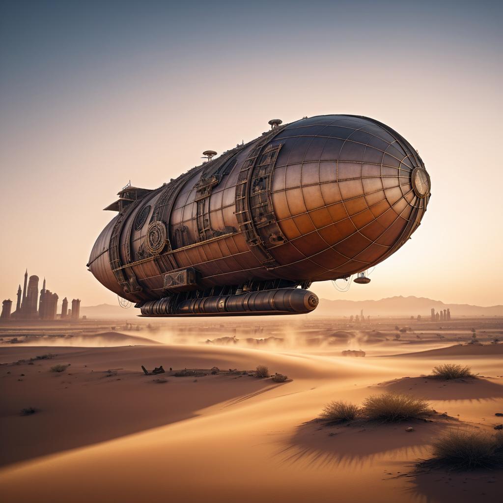 Giant Steampunk Blimp in Desert Sunrise