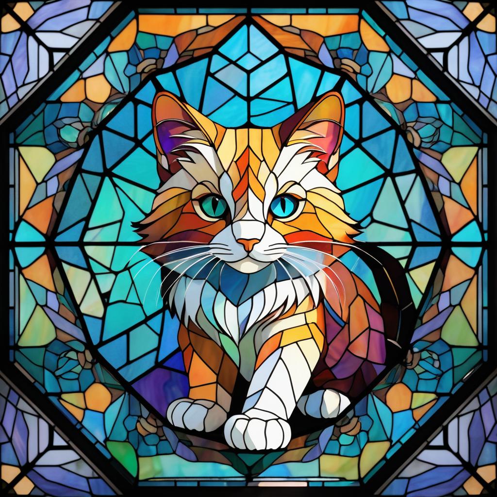 Playful Kitten in Stained Glass Design