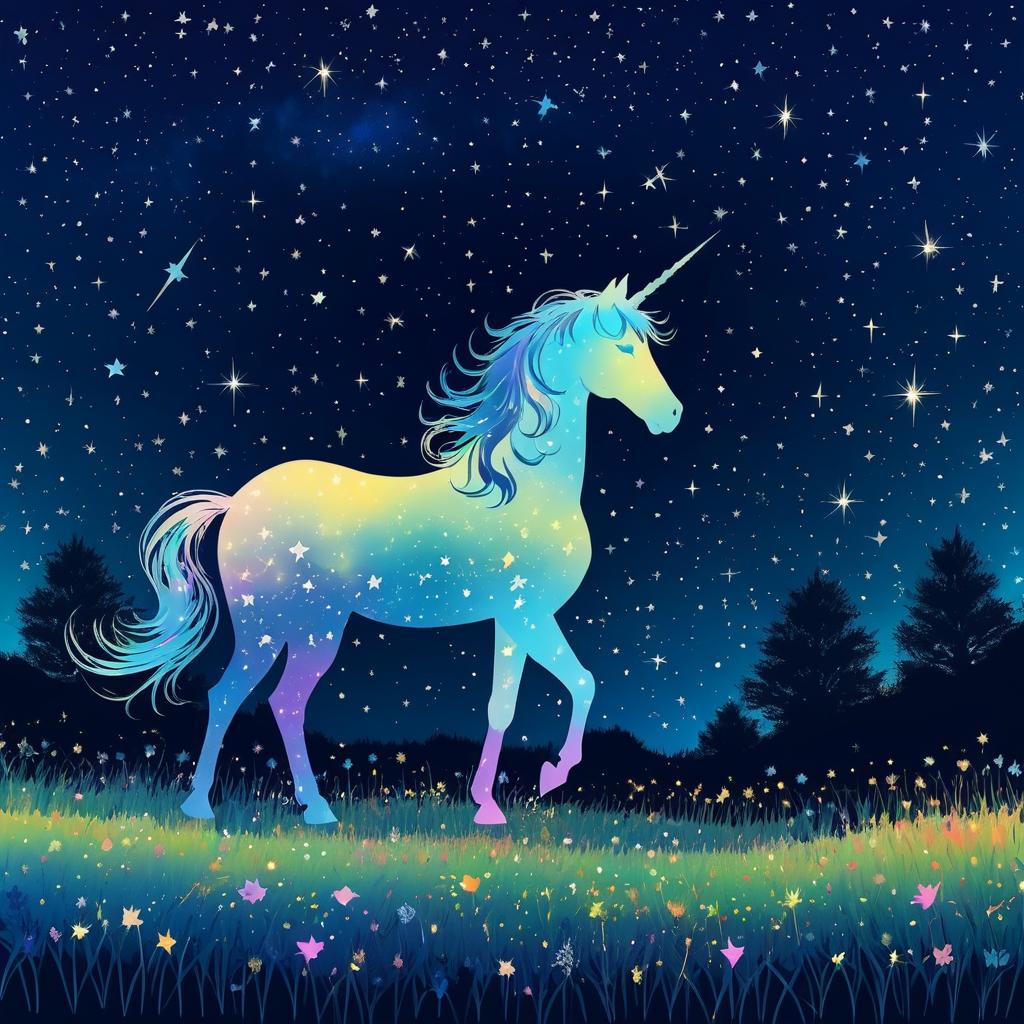 Unicorn Silhouette in Starry Night Meadow