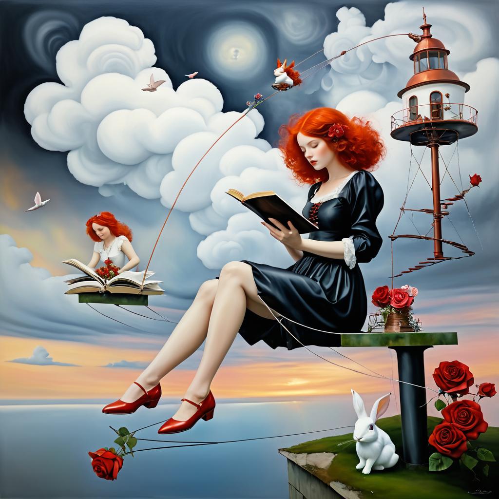 Surreal Redhead Reading Among Clouds