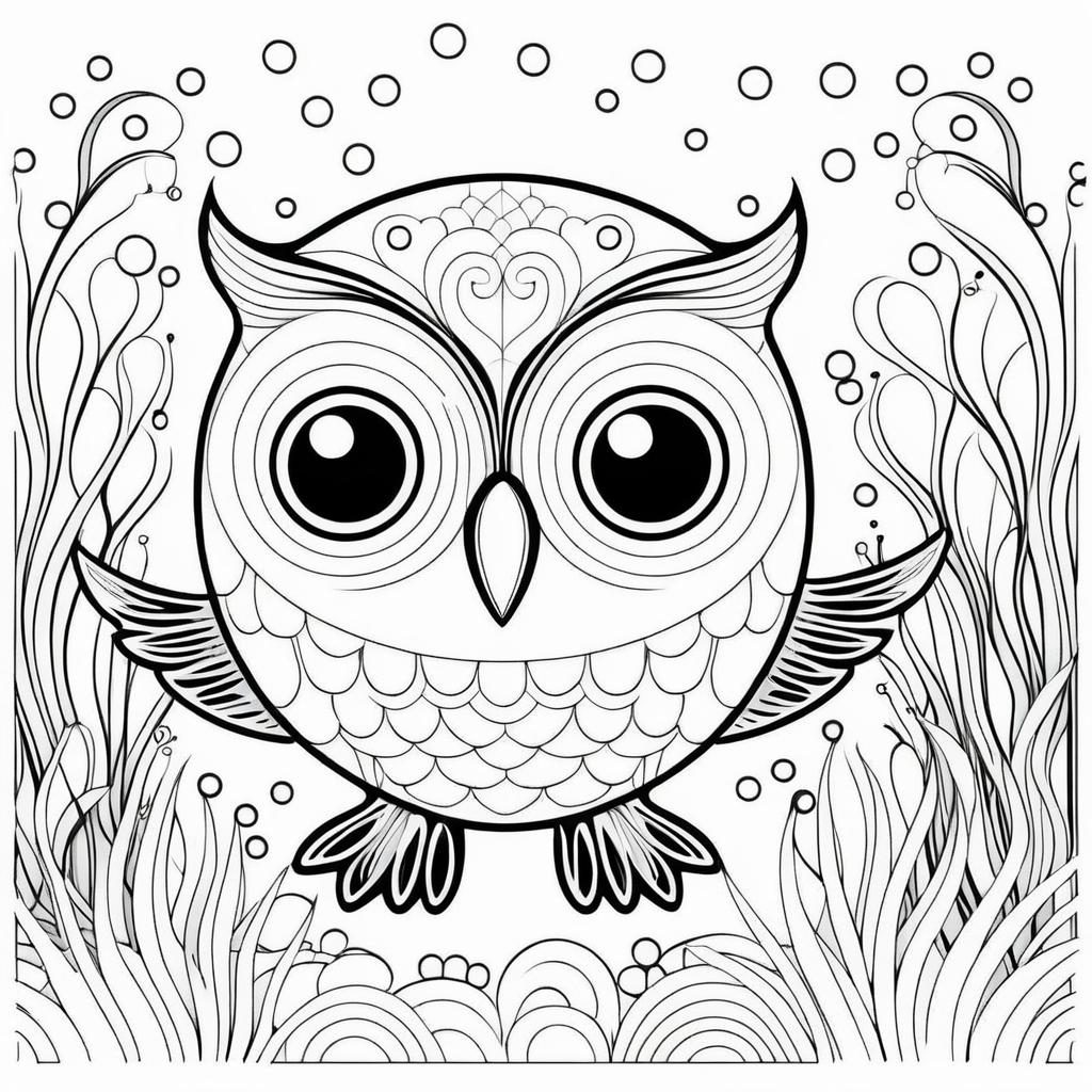 Owl and Underwater Scene Coloring Page