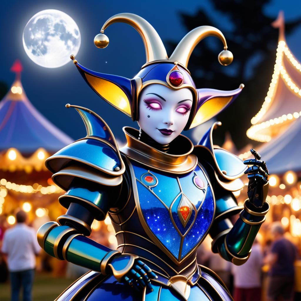 Whimsical Robot Jester at Moonlit Festival