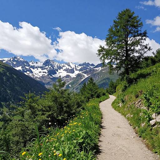 Photograph of a winding gravel path through lush greenery, leading to a backdrop of snow-capped mountains under a bright blue sky with fluffy white clouds