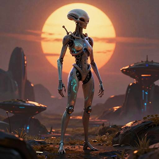 Digital art: Cybernetic female android with sleek, metallic body and helmeted head stands in a sci-fi landscape at sunset, surrounded by alien spacecraft