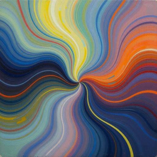 Abstract painting of swirling, wavy lines in vibrant colors: yellow, blue, red, green, and orange, creating a dynamic, hypnotic vortex