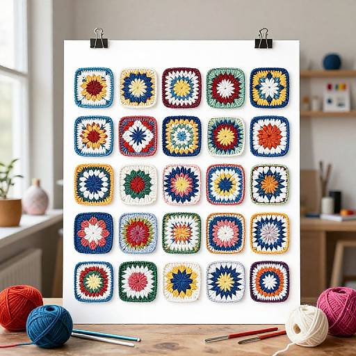 Photograph of a white board displaying 24 colorful, hand-crocheted flower squares, clipped at the top, set on a wooden table with