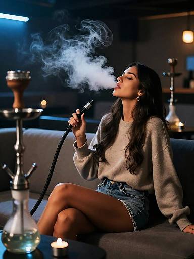 Woman Smoking Shisha in Lounge