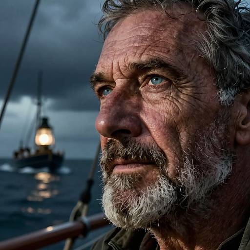 Close-up photograph of a weathered, middle-aged man with gray beard and blue eyes, gazing pensively at a dimly lit ship in storm