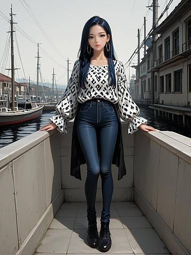 Photograph of an Asian woman with long black hair, wearing a black-and-white spotted blouse, black high-waisted jeans, and black boots,