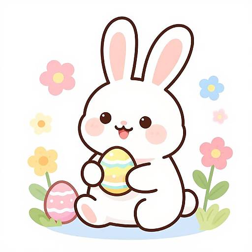 Cute digital drawing of a white bunny with pink ears and cheeks, holding a striped Easter egg, surrounded by colorful flowers.