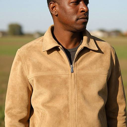 Photograph of a serious, dark-skinned man with short hair, wearing a tan suede zip-up jacket over a black shirt, standing outdoors in a