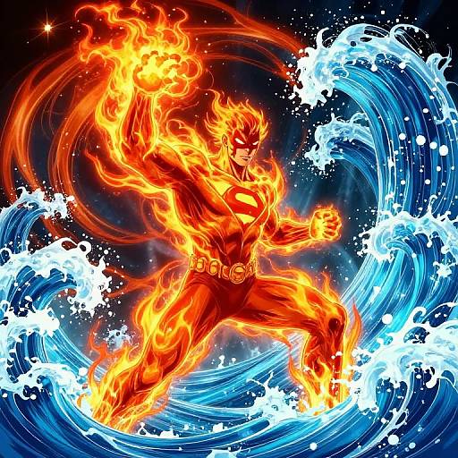 Digital art of fiery, muscular superhero with glowing eyes and mask, surrounded by dynamic, swirling blue ocean waves. Bright orange flames contrast against dark, star