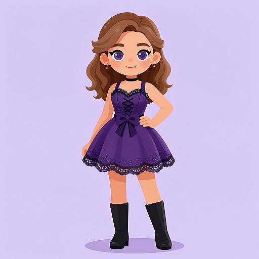 Digital cartoon of a cute, light-skinned girl with brown hair, purple eyes, wearing a lace-trimmed purple dress, black choker,